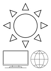 Sun with triangular rays, TV monitor, globe with latitude and longitude lines. Ideal for technology, education, global communication, digital media, environment climate science. Line metaphor