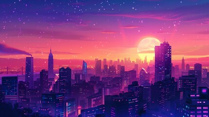 Obraz premium A digital art illustration of a city skyline at sunset with pink, orange, and purple hues.