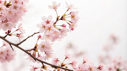 Obraz premium Pastel pink cherry blossom branches surround a minimalist white background, delicate arrangement, spring decor, floral frame, pink cherry blossom, minimalist decor
