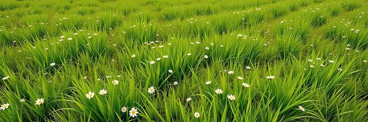 Pasture landscape with lush green grass and delicate wildflowers scattered randomly, landscape, greenery