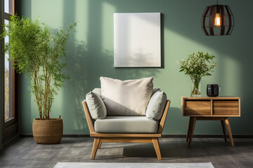 Obraz premium Stylish living room interior design with mock up poster frame, frotte armchair, wooden commode, side table, plants and creative home accessories. ,. 