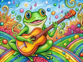 Obraz premium Groovy Frog Jamming with Guitar in a Colorful Cartoon Doodle Style, Perfect for Nature Lovers and Music Enthusiasts, Capturing Fun and Whimsy in a Playful Scene