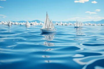 toy sailing boat on blue water surface,.   