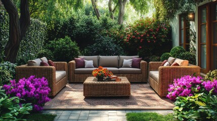 Cozy Outdoor Living Area with Comfortable Rattan Sofa and Colorful Floral Accents Surrounded by Lush Greenery and Vibrant Flowers in a Serene Garden Setting