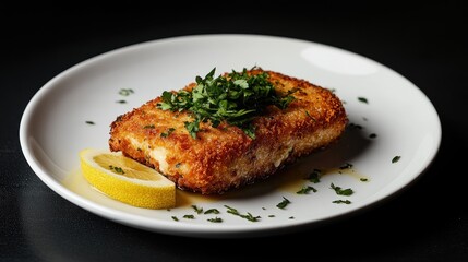 Crispy Breaded Cutlet with Fresh Garnish and Lemon Slice