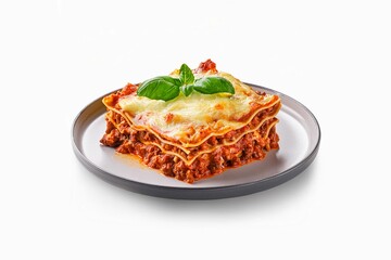 Fototapeta premium Top view of a plate of lasagna with layers of meat sauce and cheese, isolated on white background