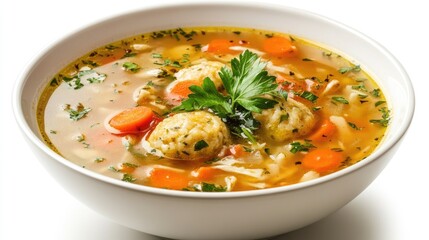 Classic Matzah Ball Soup in a White Bowl