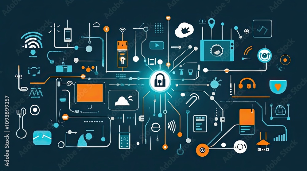 Poster abstract illustration of a complex network of connected devices and symbols