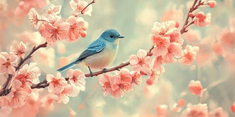 Fototapeta premium Blooming pink flowers in spring with a vibrant blue bird perched on a branch creating a serene atmosphere
