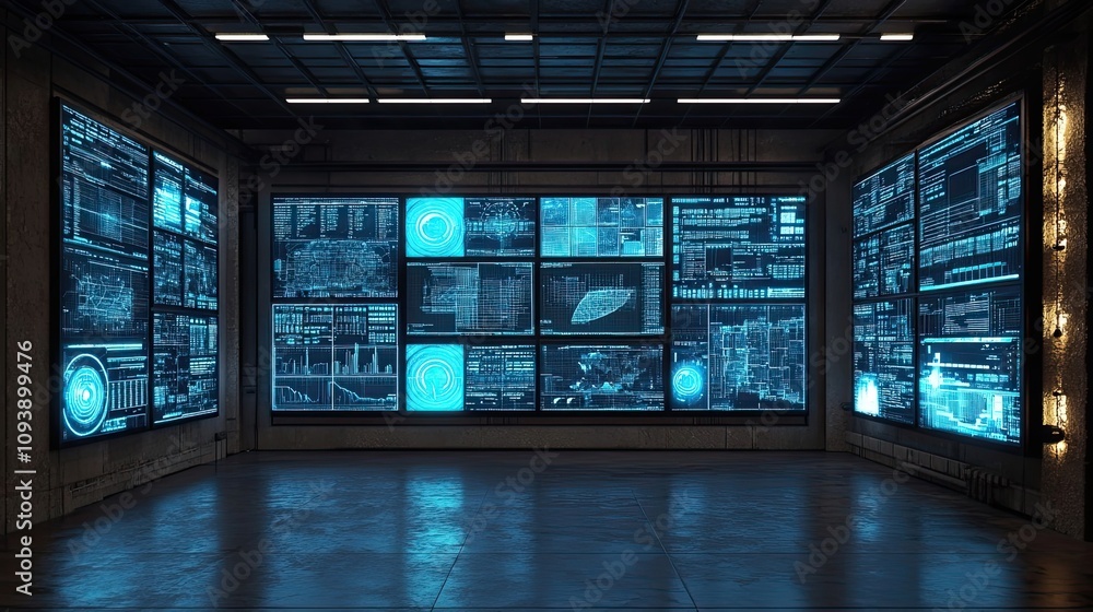 Poster a futuristic control room with multiple monitors displaying blue data