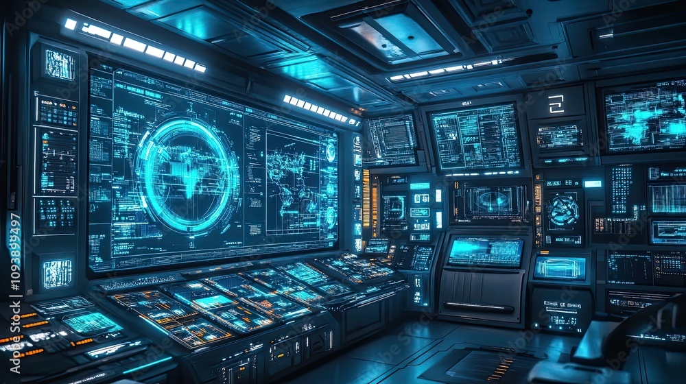 Poster futuristic control room with world map display and multiple monitors