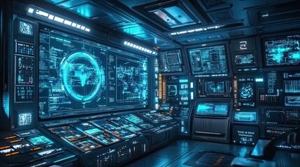 Obraz premium Futuristic Control Room with World Map Display and Multiple Monitors