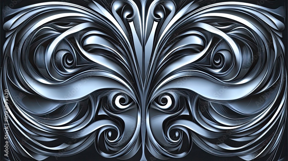Poster abstract metallic swirls and curves in a symmetrical pattern