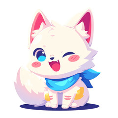 A cute, cartoon-style white fox character with a blue scarf, smiling and playful.