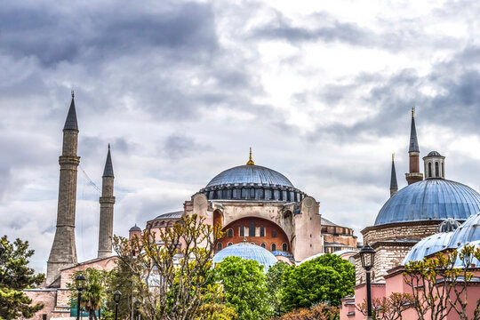 Hagia Sophia, Istanbul, Turkey. Emperor Justinian built cathedral of Constantinople in 537 AD. In 1453 Ottoman Turks converted to mosque. 1935 a museum and 2020 mosque again.