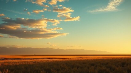 retching across the horizon and contrasting with a warm golden light on the ground below, natural scenery, panoramic view, serene atmosphere