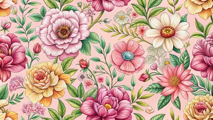Hand-Drawn Floral Pattern with Vibrant Flowers on Soft Pink Background for Elegant Home Decor and Fashion Design, Perfect for Wallpaper, Textiles, and Stationery Products