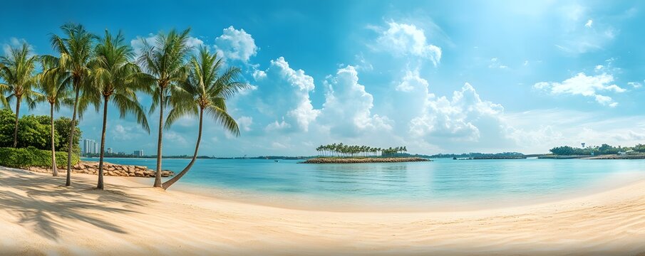 Sentosa Island beach with palm trees