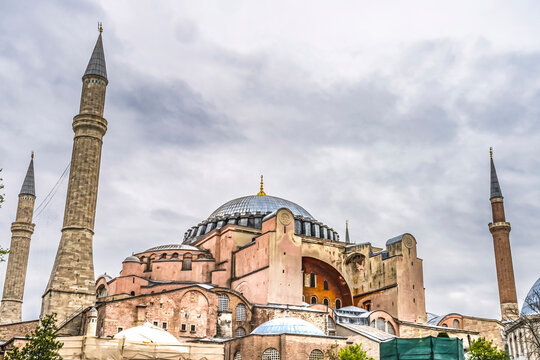 Hagia Sophia dome minarets, Istanbul, Turkey. Emperor Justinian built cathedral of Constantinople in 537 AD. In 1453 Ottoman Turks converted to mosque. 1935 a museum and 2020 mosque again.