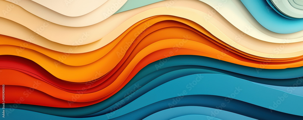 Poster a vibrant, abstract design featuring layered, wavy patterns in warm and cool colors, creating a visu