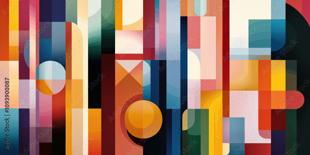 Poster a vibrant abstract composition featuring geometric shapes and bold colors, creating a dynamic visual