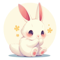 Obraz premium A cute, cartoon-style white rabbit sitting with a playful expression against a soft background.
