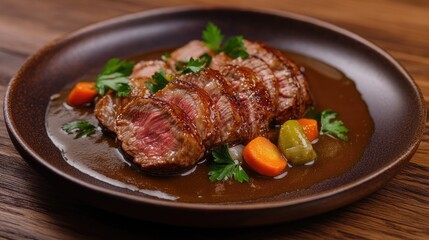 Perfectly Sliced Roast on Brown Ceramic Plate