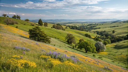 Fototapeta premium Rolling hills with wildflowers and trees in the distance, , green fields, rural landscape, rustic charm, natural beauty