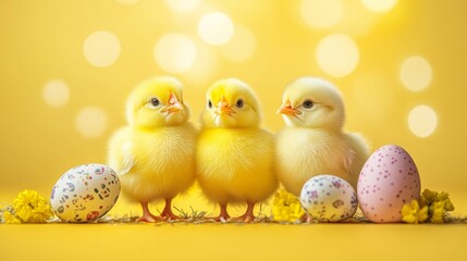 Three fluffy yellow chicks stand together on a bright yellow background adorned with playful Easter decorations