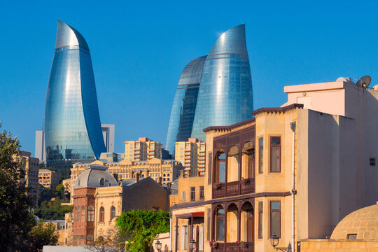Old houses in the Inner City of Baku with Flaming Towers, Baku, Azerbaijan