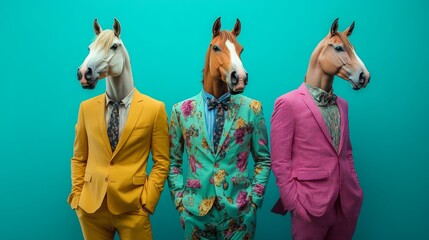 Three individuals in vibrant suits with horse heads stand confidently against a teal backdrop in a surreal artistic expression
