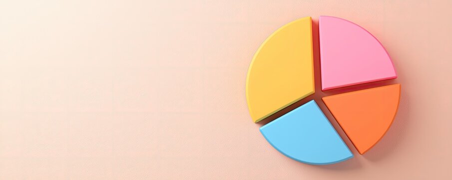 A colorful pie chart with segments in pink, orange, yellow, and blue against a soft background, representing data visualization.