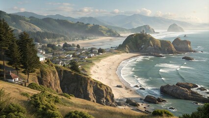 Seaside town with miles of white sandy beaches along the Oregon coast surrounded by rugged cliffs and rocky outcroppings, coastal town, sand, nature