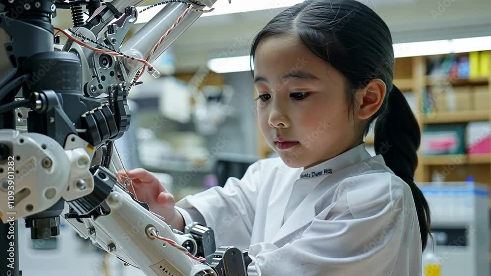 Aufkleber a young girl attentively interacts with a robotic arm in a science laboratory, showcasing her curios