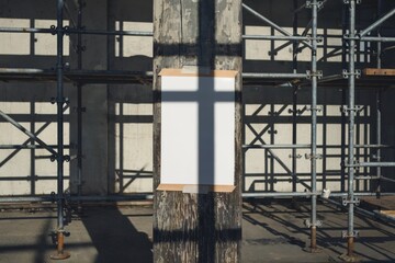 Blank white poster taped to weathered wooden pole in industrial area with metal scaffolding and sharp sunlight casting dramatic shadows