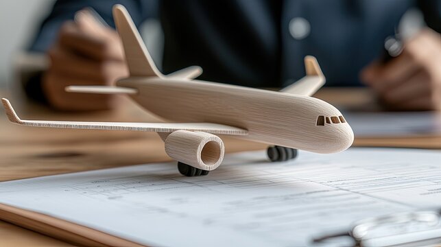 A wooden airplane model is placed on a desk with documents, symbolizing aviation, travel planning, and business.