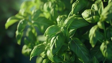 Fototapeta premium fresh green basil leaves growing in a garden.