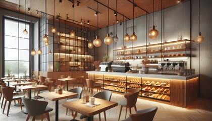Obraz premium Cozy Café Interior with Hanging Lights and Counter Displaying Pastries
