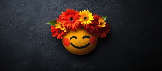 Happy face with flower crown, cheerful, on a black background 