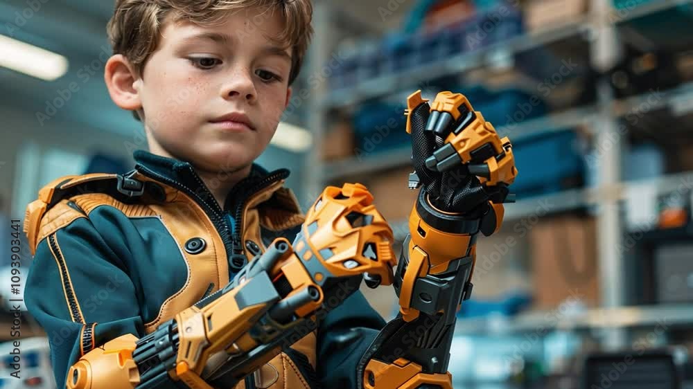 Aufkleber A young boy explores the functionality of robotic arms in a contemporary workshop, showcasing curiosity and innovation with advanced technology.