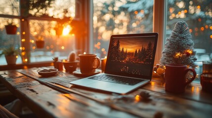 Cozy winter workspace with laptop displaying sunset forest scene, mugs, candles, and Christmas decorations on rustic wooden table by window.