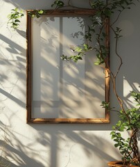 Wooden Frame Mockup on White Wall with Sunlight, Elegant Minimalist Design