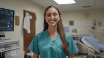 Fototapeta premium Cheerful female doctor in scrubs smiles warmly in a hospital room, embodying dedication and care in healthcare setting