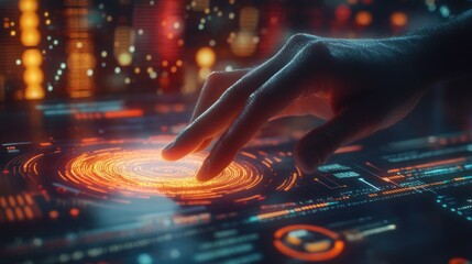 A hand interacts with a futuristic digital interface displaying glowing data patterns.
