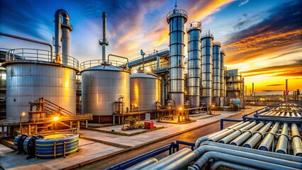 High-Quality Product Photography of Petrol Extraction with Oilfield and Storage Tanks in the Background, Showcasing Industrial Operations and Energy Sector Activities