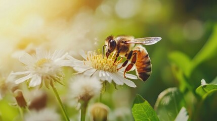 A bee pollinating a white daisy flower in a field with a soft, sunlit background.
