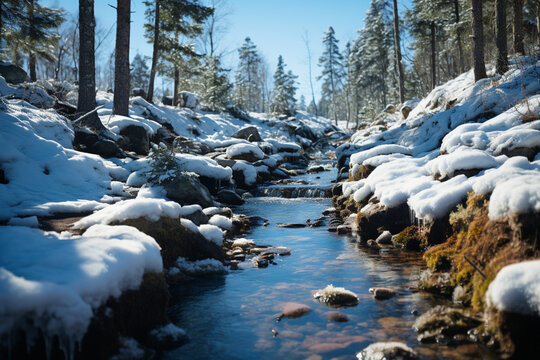Water flowing in a small creek in a forest.   