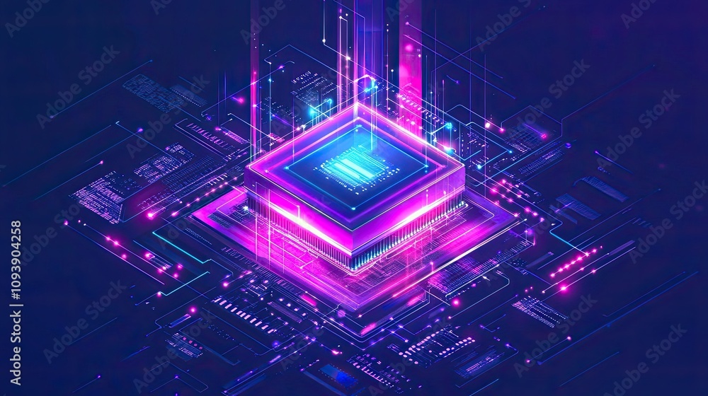 Poster a glowing square chip on a circuit board with glowing lines