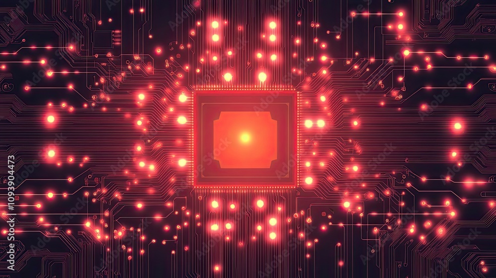 Poster a glowing red processor chip surrounded by illuminated circuit board traces.