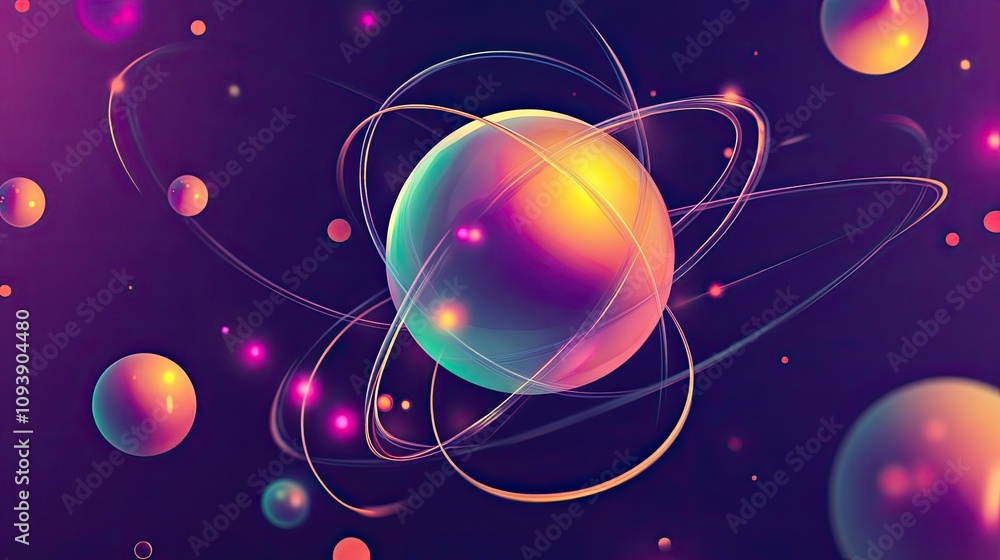 Poster abstract sphere with glowing lines and orbiting spheres